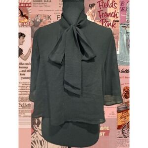 Forever 21 Contemporary Black Chiffon Bow Tie Neck Cape Sleeve Blouse M